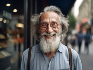 An elderly man smiles in front of a store
