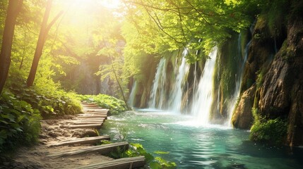 Plitvice National Park with pure water waterfall. 