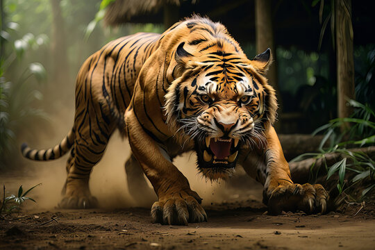 Extreme close-up of ferocious Tiger Aggression, created with Generative AI technology