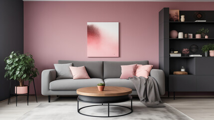Modern Living Room with Dusty Rose Wall, Elegant Grey Sofa, and Wooden Accents