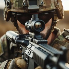 Close-Up of a soldier looks through his scope