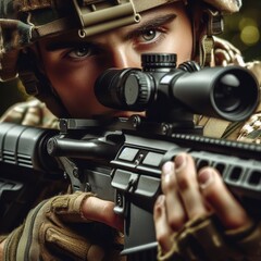 Close-Up of a soldier looks through his scope