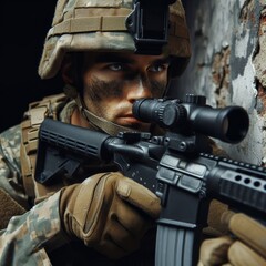 Close-Up of a soldier looks through his scope
