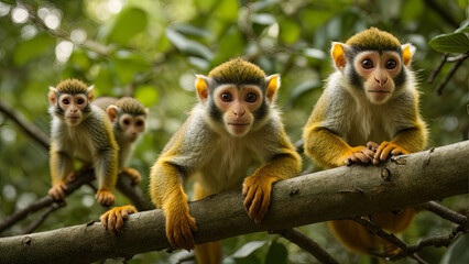 Obraz premium Squirrel Monkeys in their natural Amazon Rainforest Environment, created with Generative AI technology