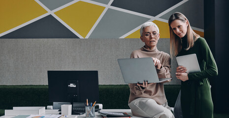 Two confident women using technologies and communicating while working in office together - 732567981