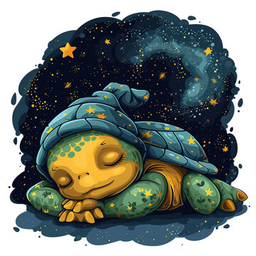Cartoon Cute Turtle Sleeping with Hat and Nightgown Starry Night, for t-shirts, children's books, stickers, posters. Vector Illustration PNG Image