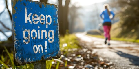 A sign on the roadside says "keep going on!", encouraging travelers to persist on their journey, even in the face of challenges. Simple message sign offers inspiration and motivation to move forward.