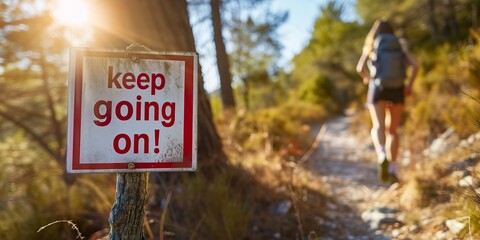 A sign on the roadside says "keep going on!", encouraging travelers to persist on their journey, even in the face of challenges. Simple message sign offers inspiration and motivation to move forward.