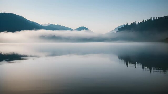 Moutain and lake with fog abstract background. Generative ai.