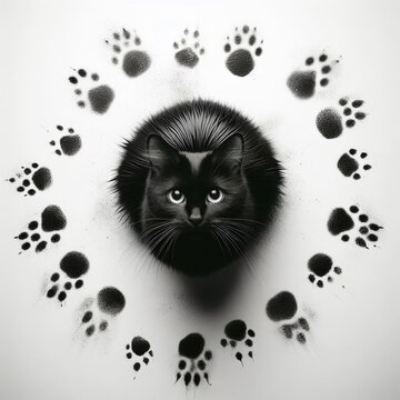 Black and white image of a cat that leaves footprints of paws. 