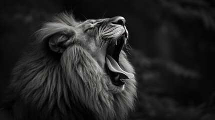 Black and White Lion Yawning with Full Teeth Display.