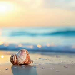 Seashell resting on the sandy beach with a softly blurred sea and bokeh backdrop. AI generative.