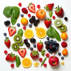 Vibrant mix of fresh fruits, vegetables, and berries arranged on white backdrop. AI generative.