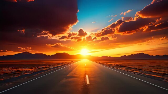 Empty road with beautiful sunset sky abstract background. Travel vacation and freedom concept. Generative ai.	
