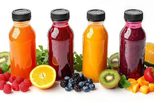 Four bottles of natural vegetable or fruit juices with black caps without labels isolated on a white background