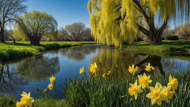 Delicate balance of life around a tranquil pond, where vibrant yellow daffodils peek through the fresh green grass and casting enchanting reflections in its shimmering surface