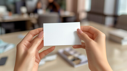 Professional Presence: Woman Holding Business Card Mockup Against Blurred Office Background