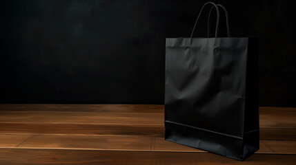 Sleek Minimalism: Black Paper Bag Mockup on Wooden Table with Dark Background, Minimalist Design