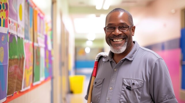 Smiling Janitor in Colorful School Hallway.