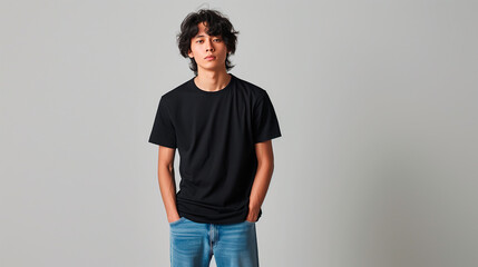 Minimalist Black T-Shirt Mockup: Young Asian Man in Black T-Shirt Posing in Studio against White Wall