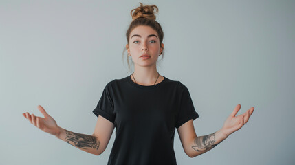 Black T-Shirt Mockup: Young Fair-Skinned Woman with Tattoo Spreading Arms, Asking, Ready to Embrace