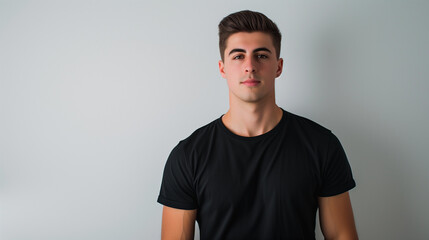 Minimalist Black T-Shirt Mockup: Young Athletic Man in Black T-Shirt in Studio against White Wall, Sunlight and Shadows