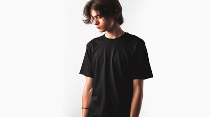 Minimalist Black T-Shirt Mockup: Young Athletic Man in Black T-Shirt in Studio against White Wall, Sunlight and Shadows
