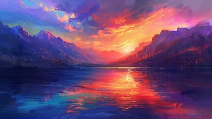 Vibrant sunset over a serene lake, with colorful reflections shimmering on the water