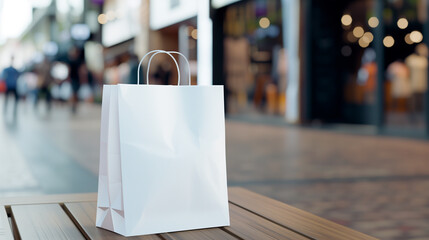 Eco-Friendly White Paper Bag Mockup on Wooden Table with Shopping Mall Background, Recyclable Packaging Concept