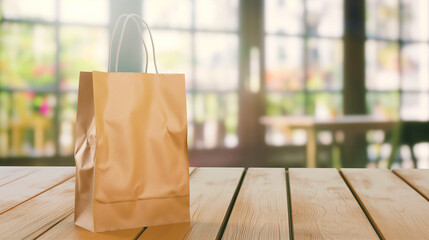Craft Paper Bag Mockup on Wooden Caf&eacute; Table with Panoramic Windows Background