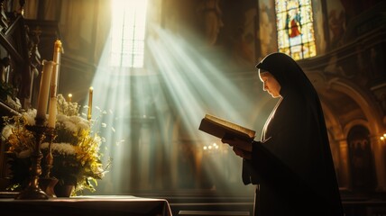 nun in a cassock reading the Bible in a church where sunlight streams through a stained glass window, creating an atmosphere of calm and piety. - obrazy, fototapety, plakaty
