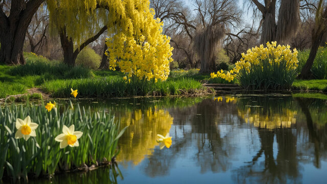 Delicate balance of life around a tranquil pond, where vibrant yellow daffodils peek through the fresh green grass and casting enchanting reflections in its shimmering surface
