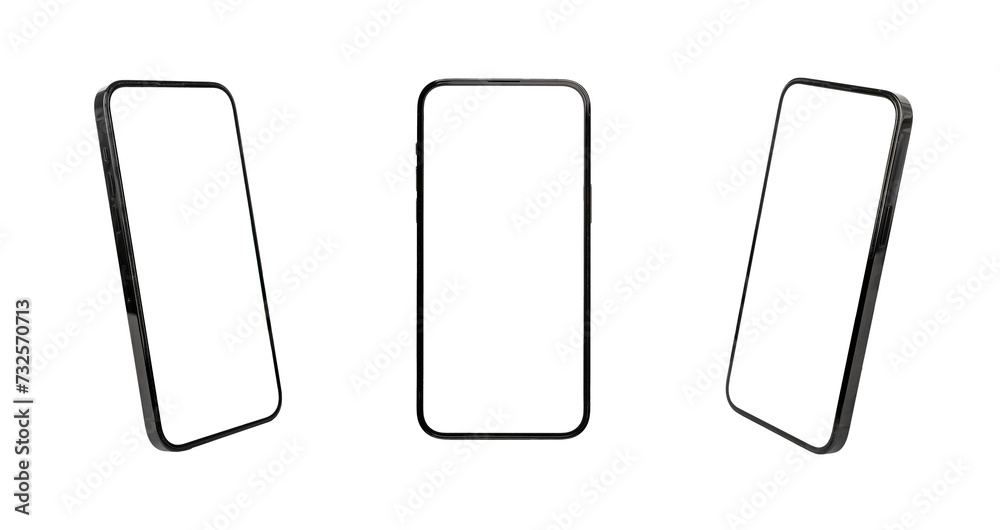 Poster mobile phone screen mockups. smartphone mock-ups front and angle views, isolated on white background
