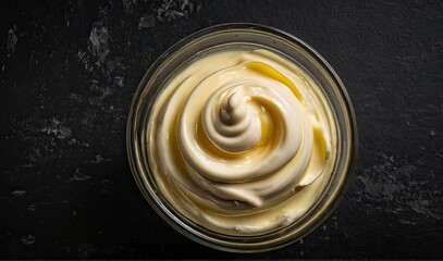 Mayonnaise in a glass bowl on a black background