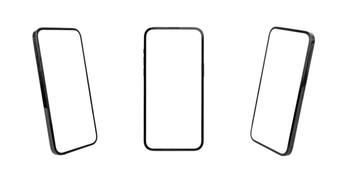 Mobile phone screen mockups. Smartphone mock-ups front and angle views, isolated on white background