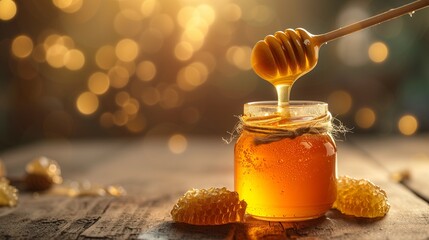 An open jar of honey on a wooden table, a wooden spoon for honey, honeycombs. Horizontal photo with honey, copy space, bokeh effect.