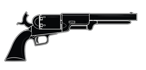 Vector illustration of the 1847 Colt Walker revolver with cocked hammer on the white background. Black. Right side. - obrazy, fototapety, plakaty