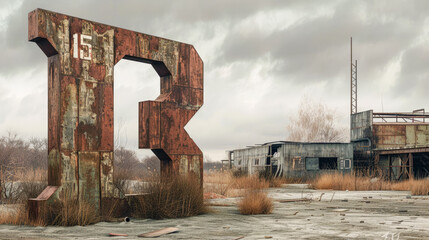 A photorealistic snapshot of a giant monument, constructed from rusted metal, located on an abandoned industrial site  - obrazy, fototapety, plakaty