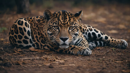 A close-up of a jaguar lying on the ground, front legs gracefully positioned, and attentively observing the camera.