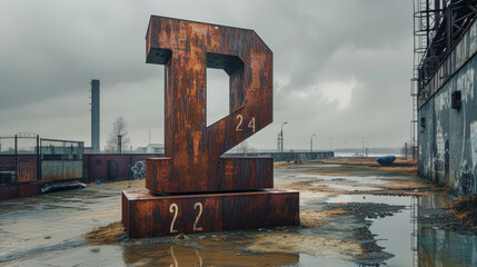 Obraz na płótnie Canvas A photorealistic snapshot of a giant monument, constructed from rusted metal, located on an abandoned industrial site 