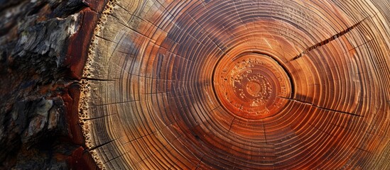 A brown wood stump reveals the intricate circle patterns of annual rings, showcasing the symmetry...