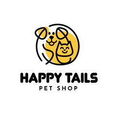 Happy Dog and Cat for Pet Shop and Pet Care Line Art Vector Logo Design
