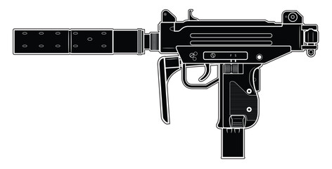 Vector illustration of the MICRO UZI israel machine gun with folded stock and silencer on the white background. Black. Left side.