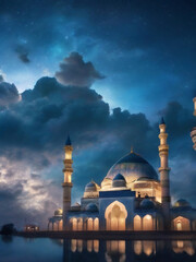 GENERATIVE AI This mosque is covered in beautiful clouds with a beautiful night sky