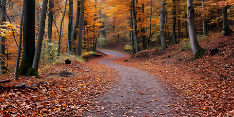 Crisp Autumn Leaves Carpeting a Forest Path Beneath the Golden Canopy