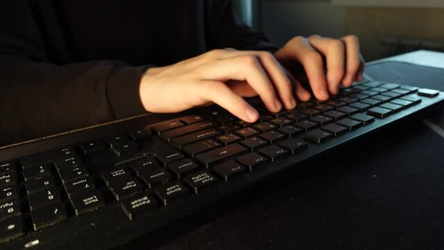 hands typing on keyboard. computer desktop footage, Closeup business people searching data, using internet writing touching notebook pressing. stock HD 60fps footage.