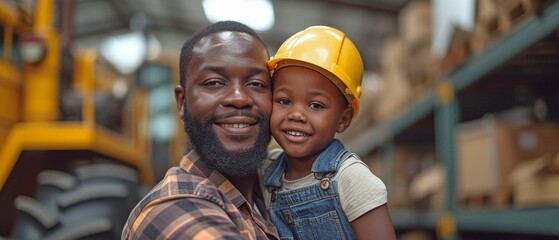 An African adult male father, donning a hard safety cap, is happy to be teaching his kid how to operate a tractor in the warehouse of his own company. - obrazy, fototapety, plakaty