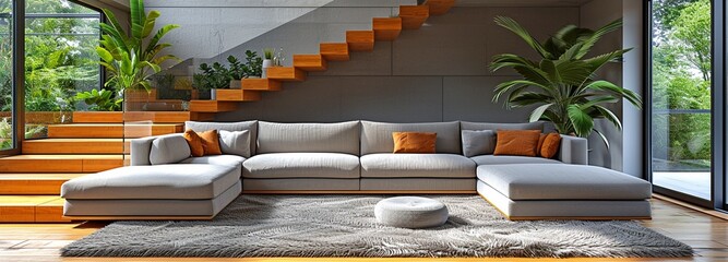 An L-shaped wooden cantilever staircase, a soft shag rug under a grey corner sofa, and an extravagant living area - obrazy, fototapety, plakaty