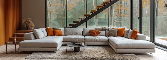 Obraz na płótnie Canvas An L-shaped wooden cantilever staircase, a soft shag rug under a grey corner sofa, and an extravagant living area