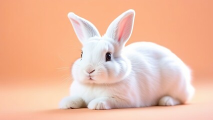 Obraz premium A white rabbit on a peach fuzz background , the concept of an Easter holiday